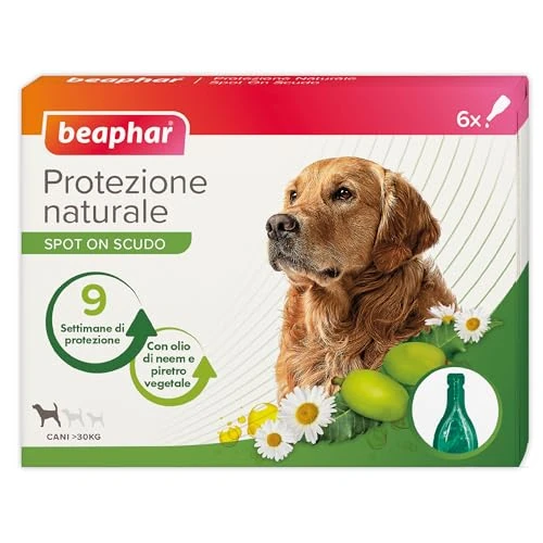 Beaphar Protezione Naturale, Spot-On Scudo per Cane Grande, con Olio di Neem e Piretro Vegetale, 9 Settimane di Protezione, 6 Pipette da 2 ml