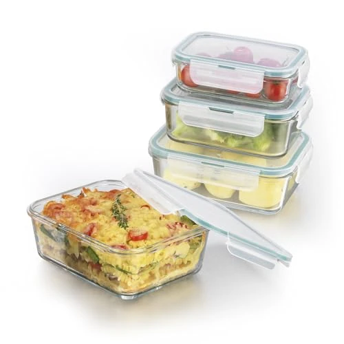 GOURMETmaxx Glass Food Storage Containers | Set of 4 Klick-It cans with lid | Silicone Sealing Ring | Glass container with lid | emerald