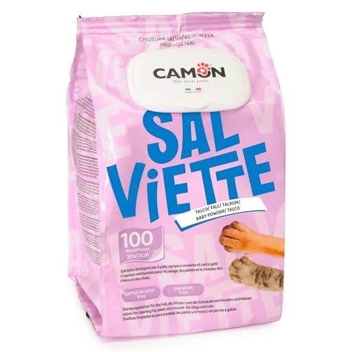 CAMON | Salviette Detergenti per Cani e Gatti, 30x17 cm, Confezione da 100 Pezzi, Fragranza Talco, Senza Alcool etilico né Parabeni, Made in Italy