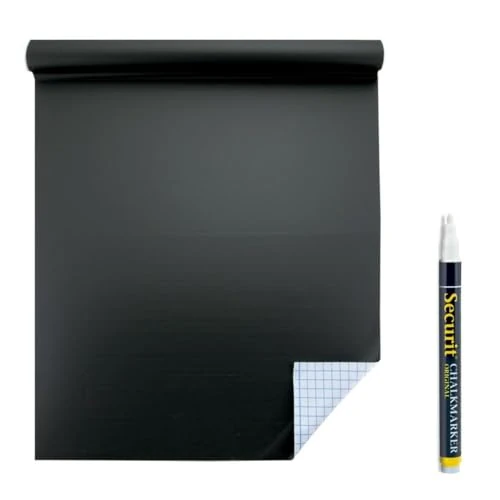 SECURIT - Rotolo da Lavagna Autoadesiva - Per Pennarelli a Gesso Liquido - Per Bar, Ristoranti, Pub, Negozi- 1 Pennarello a Gesso Liquido Incluso - 100x45cm - Colore Nero