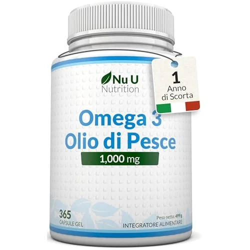 Offerta a tempo: Omega 3 Olio di Pesce 1000mg Formato TG - 365 Capsule Softgels - 540mg EPA e 360mg DHA per Porzione - Omega3 Fish Oil da Pesce Selvatico - Prodotto in Europa - Nu U Nutrition - 10% da 29.97 € a 26.97 €