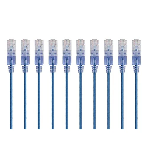 Monoprice Cat6A Ethernet Patch Cable - Network Internet Cord - 0.3M (1ft) - Blue (10-Pack) RJ45, Stranded, 550Mhz, UTP, Pure Bare Copper Wire, 10G, 30AWG - SlimRun Series