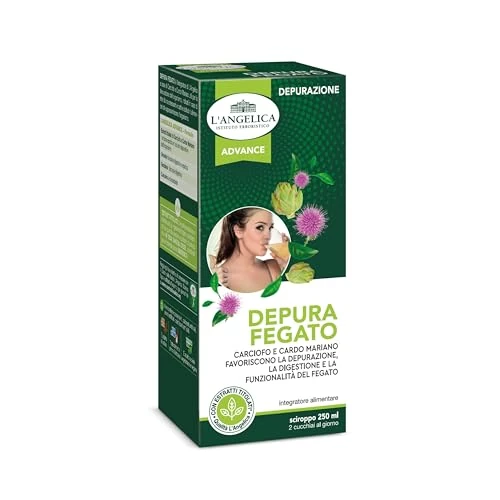 L'Angelica Sciroppo Integratore Detox Fegato a base di Curcuma, Carciofo e Cardo Mariano, Effetto Depurativo Fegato, senza Glutine, senza Lattosio, Vegan, 250 ml