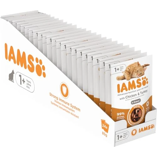 Iams Delights (voor volwassen katten, met kip & kalkoen in saus), 24 zakjes verse voeding (24 x 85 g)