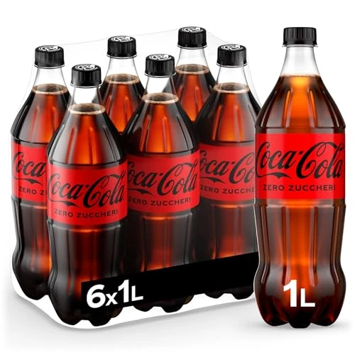 Offerta a tempo: Coca-Cola Zero Zuccheri – 6 Bottiglie da 1 L, Tutto il Gusto della Formula Coca-Cola Senza Calorie, in bottiglia PET 100% Riciclabile, Bevanda Analcolica con Edulcoranti - 40% da 9.49 € a 5.70 €