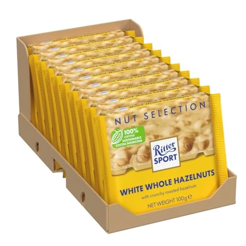 Ritter Sport - Chocolate Blanco con Avellanas Enteras 25% y Arroz Crujiente 3%, Tableta de Chocolate Blanco, Abre y Cierre Fácil, Apto para Veganos - 100g