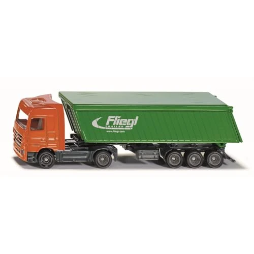 siku 1796, Mercedes-Benz LKW mit Fliegl Kipper, 1:87, Metall/Kunststoff, Grün/Orange, Abnehmbare Dachplane für Auflieger