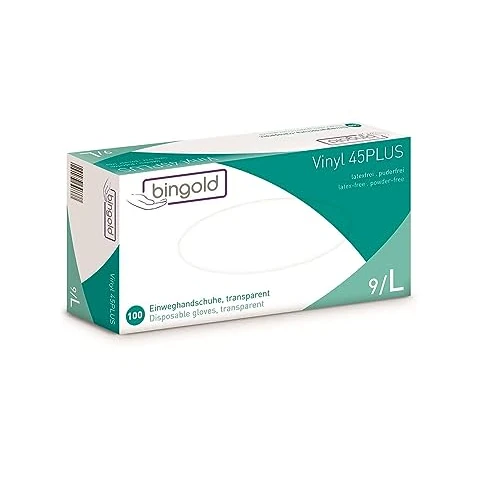 BINGOLD Vinyl 45PLUS Einmalhandschuhe, puderfrei, transparent, unsteril, 240 mm Länge, EN 455 & EN 374 zertifiziert, Kategorie III, latexfrei, für Pflege und Reinigung, 100 Stück