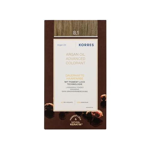 Offerta a tempo: KORRES ARGAN OIL Colorant - tintura per capelli senza ammoniaca all'olio di argan biologico, Biondo chiaro cenere 8.1, 100% di copertura dei capelli bianchi e vegano - 35% da 19.99 € a 12.99 €