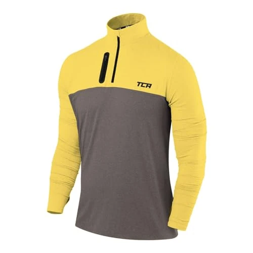 Offerta a tempo: TCA Maglia Termica Uomo Fusion PRO - Sottogiacca Moto con Maniche Lunghe e Zip - Maglia Termica Tecnica Uomo con Manica Lunga - Abbigliamento Termico Moto e da Corsa - Grigio Scuro/Giallo, XL - 65% da 26.99 € a 9.49 €