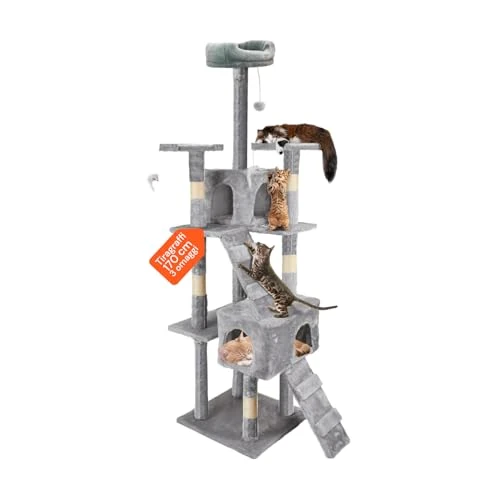 Wintem XXL Kletterbaum Kratzbaum mit Hängematte Höhle Spielsisal 170 cm Grau