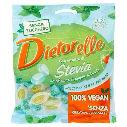 Dietorelle - Caramelle Dure Vegan Menta E Eucalipto, Caramelline Mentolo, Senza Zucchero, Senza Glutine, Con Dolcificante Naturale - 70 Gr
