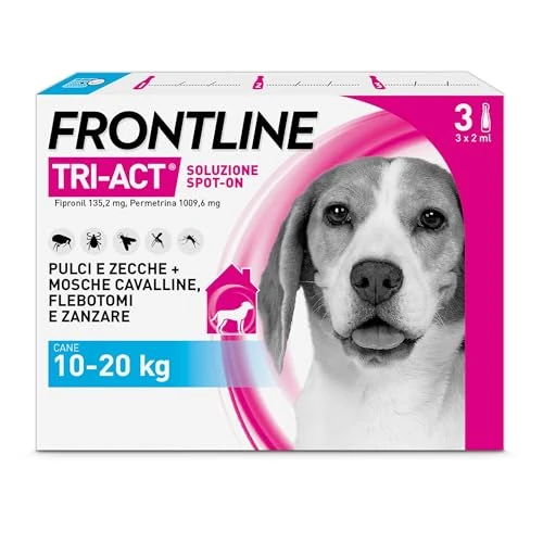 Offerta a tempo: FRONTLINE Triact, 3 Pipette, Cane M (10-20Kg), Antiparassitario per Cani e Cuccioli di Lunga Durata, Protegge il Cane da Pulci, Zecche, Zanzare, Pappataci e Leishmaniosi, Antipulci 3 Pipette - 47% da 45.30 € a 23.90 €