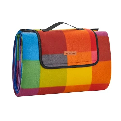 Offerta a tempo: SONGMICS Coperta Picnic, 195 x 150 cm, Grande Telo da Campeggio, Parco, Giardino, Esterno, Spiaggia, Strato Impermeabile, Pieghevole, Quadrettoni Arcobaleno GCM61C - 53% da 24.49 € a 11.45 €