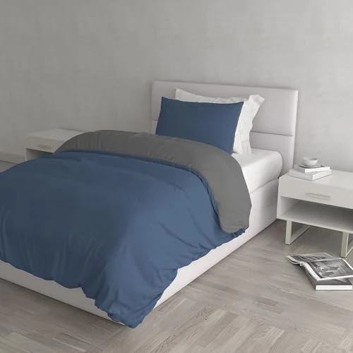 Limited-time offer: Italian Bed Linen Natural Color Duvet Cover Set with Doubleface Solid Colour Bag Sheet and Pillowcase, 100% Cotton, avio/Smoke, small double from 30.53 £ to 30.53 £ (save 0.00%)