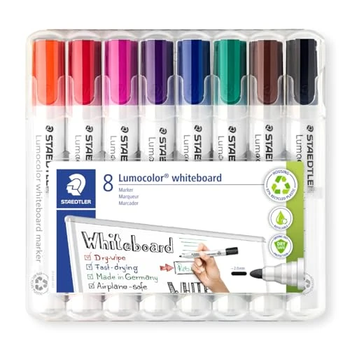 Limitiertes Angebot: STAEDTLER Whiteboard-Marker Lumocolor, trocken und rückstandsfrei abwischbar von Whiteboards, ca. 2 mm Linienbreite, hohe Qualität, Rundspitze, Set mit 8 Farben, 351 WP8 von 11.99 EUR auf 10.99 EUR (Spare 8%)