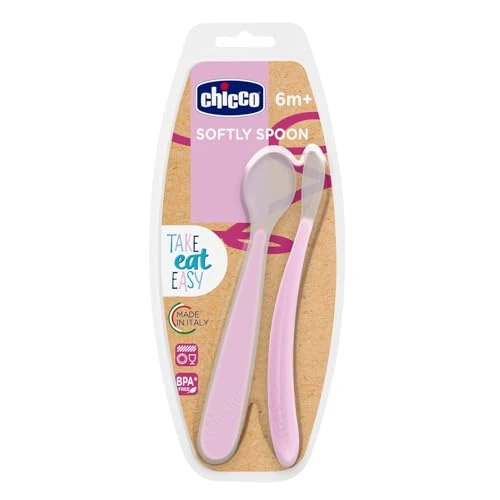 Chicco Cuchara Silicona Bebé, Set de 2 Cucharas Blandas para Bebés y Niños, Suaves y Flexibles con Mango Largo Curvo Ergonómico – Cuchara para Bebé Aprendizaje +6 Meses, 2 Piezas, Rosa