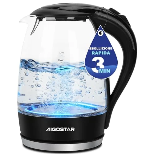 Oferta limitada: Aigostar Adam 30GOM - Hervidor de Agua Eléctrico de Cristal, Hervidores Eléctrico con Iluminación Led, 1,7 L, 2200W, Libre de BPA y Sistema de Protección Contra la Ebullición en Seco, Base 360º de 19.99 € a 18.58 € (ahorro 7%)