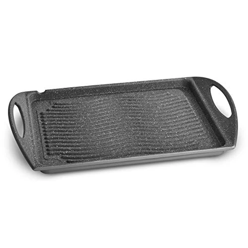 Lagostina Speciale anti-aanbaklaag van aluminium, gegoten aluminium, 34 x 26 cm, grillpan en grillrooster voor gas en oven, krasbestendige coating, marmereffect, groene rand, ergonomische manicure