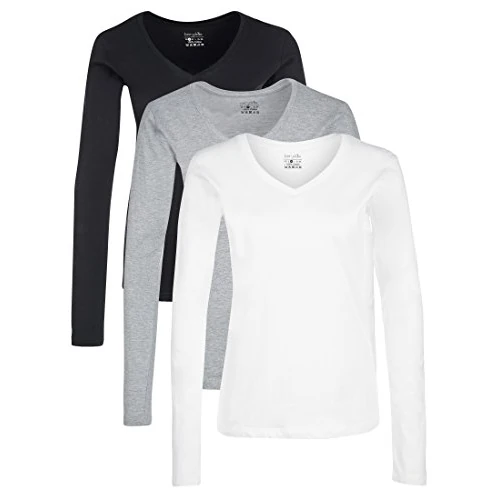 Offerta a tempo: Berydale Maglietta a maniche lunghe con scollo a V in 100% cotone, Donna, Nero/bianco/grigio (confezione da 3), L - 27% da 39.95 € a 28.99 €