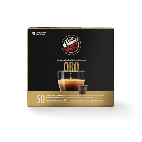 Caffe' Vergnano 1882 Średnie palone kapsułki kompatybilne z espresso, pojedyncza porcja Arabica Robusta Espresso Coffee, włoska kawa do ekspresów do kawy Nespresso, intensywność 4/10, Oro, 50 ct