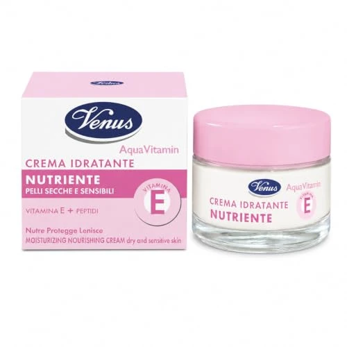 Offerta a tempo: Venus AquaVitamin Crema Idratante Nutriente 50 ml, Crema Viso per Pelli Secche e Sensibili con Vitamina E e Peptidi, Nutre Protegge e Lenisce, Texture Ricca Effetto Cocoon, Clinicamente Testata - 14% da 4.49 € a 3.88 €