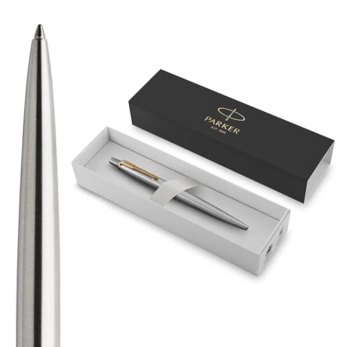 Limited-time offer: Parker Jotter Ballpoint Pen, Stainless Steel with Golden Trim, Medium Point, Blue Ink, Gift Box - Smooth Writing, Sleek, Polished, Professional, Desk Essentials from $19.99 to $14.18 (save 29%)