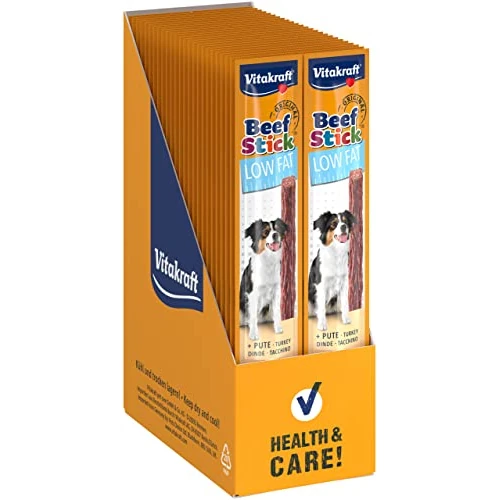 Vitakraft Beef Stick Low Fat, snack cane, bastoncino di carne di tacchino, snack per l’addestramento del cane, per cani con problemi di peso, senza zuccheri aggiunti (50x 12g)