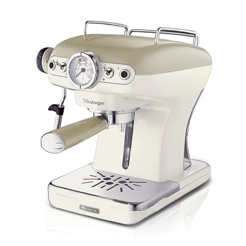 Ariete Espresso Vintage 1389, Machine à Café Expresso Pour Poudre Ou Dosette Ese, 1 Et 2 Tasses, Buse Cappuccino, Support de Tasse en Acier Inoxydable, 15 Bars, 850W, Beige
