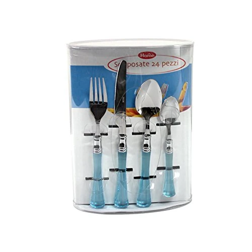 HOME 24-Piece Cutlery Set Handle Table, Metal, Steel/Baby Blue