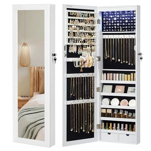 Offerta a tempo: SONGMICS Specchio Portagioie con 6 Luci a LED, Alto 120 cm, Armadietto Portagioie da Parete o Porta con Chiusura e Specchio, 2 Cassetti, 10 x 37 x 120 cm, Bianco e Nero JBC93W - 0.00% da 79.99 € a 79.99 €