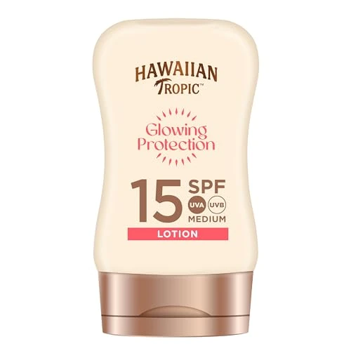 Hawaiian Tropic Glowing Protection Ultra Radiance - Loción Solar Protectora SPF 15, Protege y Suaviza la Piel, Fragancia Frutas Tropicales