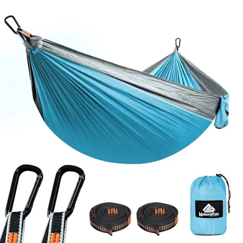 NATUREFUN Hamaca Ultraligera para Viaje y Camping (275x140 cm) | 300kg de Capacidad de Carga,Transpirable, Nylon de Paracaídas de Secado Rápido | 2X Mosquetones Premium, 2X Correas de Nylon Incluidas
