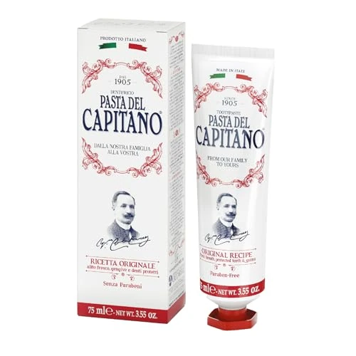 Offerta a tempo: Pasta del Capitano 1905, Dentifricio Ricetta Originale, per Sorriso Sicuro e Profumato, Sapore Inconfondibile a Base di Foglie di Garofano, Menta Crispa e Cannella, 100% Made in Italy, Tubetto 75 ml - 0.00% da 8.99 € a 8.99 €