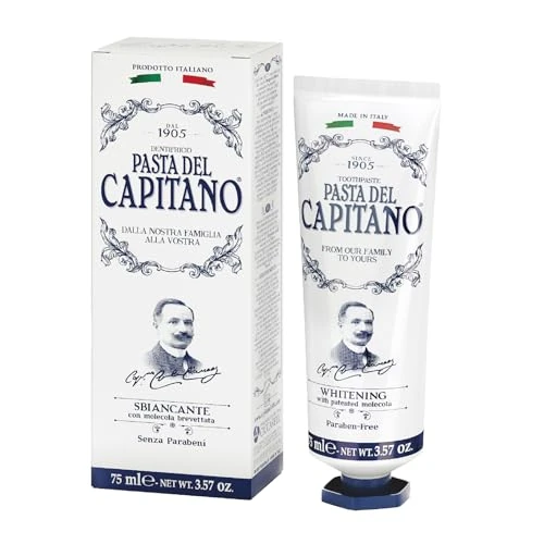 Offerta a tempo: Pasta del Capitano 1905, Dentifricio Sbiancante, Rimuove il 99% dei Batteri Senza Danneggiare Smalto e Gengive, Dentifricio ad Azione Sbiancante e Antibatterica, 100% Made in Italy, Tubetto 75 ml - 70% da 10.00 € a 2.96 €