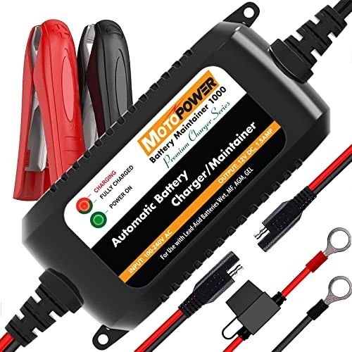 MOTOPOWER 12V 1.5Amp Fully Automatic Battery Charger/Maintainer for Cars, Motorcycles, ATVs, RVs, Powersports, Boat and More. Smart, Compact and Eco Friendly