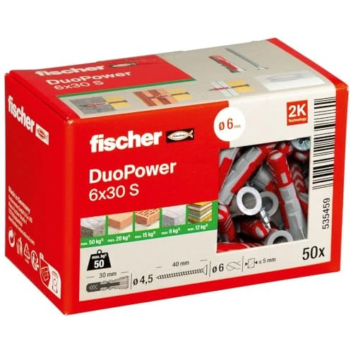 Oferta limitada: FISCHER, Tacos y tornillos para pared 6x30 DuoPower, tacos para hormigón, Caja tacos 50 uds de 13.28 € a 13.28 € (ahorro 0.00%)