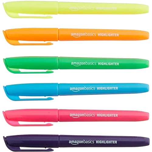 Offre limitée : Amazon Basics Lot de 12 Surligneurs Avec 6 Couleurs Fluo Assorties, Pointe Biseautée Durable, Stylos Pour Adultes et Enfants, Multicolores de 10.36 € à 9.98 € (4% de remise)
