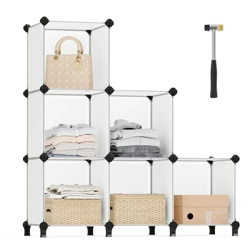 SONGMICS Étagère à 6 Compartiments, Meuble de Rangement Modulable en Plastiqueavc Pieds, Rangement Chaussures, Casiers 30 x 30 x 30 cm, Salon, Chambre, Bureau, avec Marteau, Blanc LPC111S