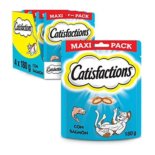 Offre limitée : CATISFACTIONS Friandises pour Chat et Chaton Saveur Saumon - 180g - Croquantes à l'Extérieur Tendres à l'Intérieur - Idéal pour Partager un Moment de Complicité -4 x 180g de 16.67 € à 15.29 € (8% de remise)