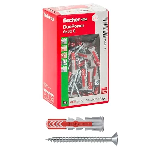 Offerta a tempo: Fischer 100x Tasselli con Vite DuoPower 6x30 mm, per Muro pieno, Mattone Forato, Cartongesso, 537646 - 8% da 17.48 € a 16.15 €