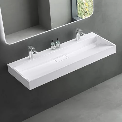 Mai & Mai Lavabo sobre Encimera Lavabo Suspendido Baño | Rectangular | Blanco Brillante | Mármol Fundido | 120x46x11cm | 2 Orificios para Grifo con Válvula de Desagüe | Colossum19