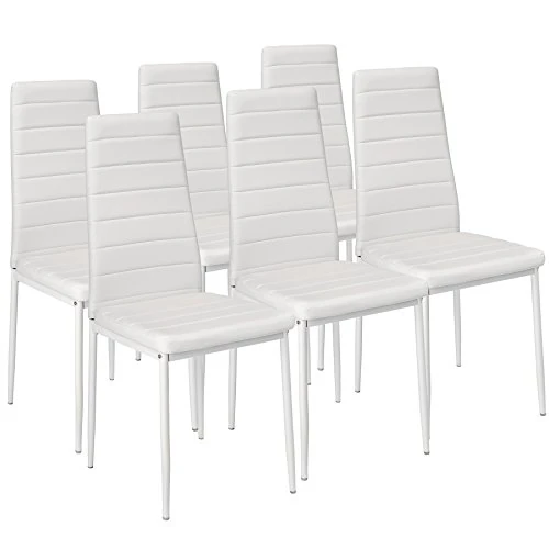 TecTake® Set of 6 Dining Chairs in Modern Design with Faux Leather Covers, Dining Chair Set with Slim Steel Legs, Soft Padding & High Backrests, Ideal as Kitchen & Desk Chairs - White