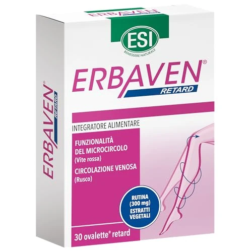 ESI - Erbaven Retard, Integratore Alimentare a Base di Vite Rossa, Rutina e Rusco, Favorisce la Funzionalità del Microcircolo e la Circolazione Venosa, Senza Glutine e Vegano, 30 Ovalette Retard