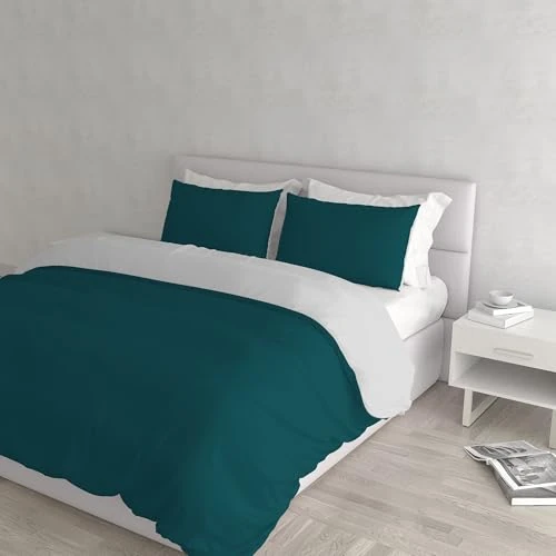 Offerta a tempo: Set Copripiumino 100% Cotone Natural Color, Made in Italy - Parure Copri Piumino - Sacco Piumone 250x200 cm con Doppia Patella e Federe Cuscino, Matrimoniale, Verde Petrolio/Grigio Chiaro - 0.00% da 38.04 € a 38.04 €
