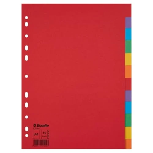 Offerta a tempo: Esselte 10 Confezioni di Divisori per Raccoglitori con 12 Tasti, Formato A4, Rosso/Multicolore, Cartoncino Robusto Riciclato, 100202 - 0.00% da 18.96 € a 18.96 €