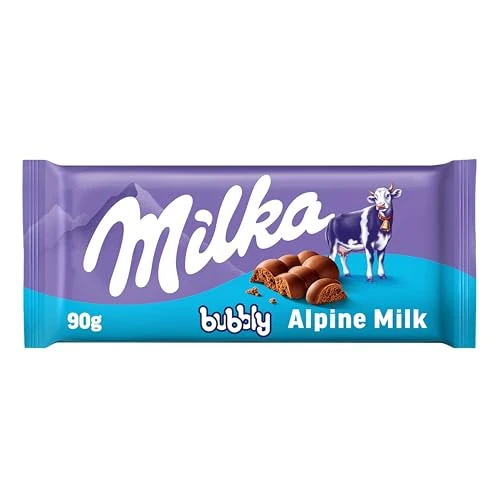Milka, Bubbly, Tavoletta di Cioccolato al Latte con Morbido Cuore al Cacao, 100% Latte Alpino, Cacao Sostenibile, 90g