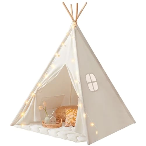 Tijdelijke aanbieding: Tiny Land Witte Canvas Tipi Kinderspeeltent met Vloermat - Katoen Opvouwbare Draagbare Tipi Speeltent voor Kinderen - Leuke Buiten Binnen Kinderspeeltent met Raam, door van 89.90 € naar 89.90 € (0.00% korting)