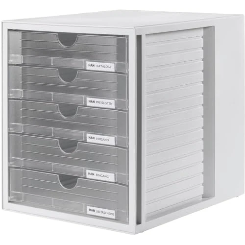 Oferta limitowana: HAN Pudełko z szufladami SYSTEMBOX z 5 zamkniętymi szufladami, biurko lub w szafie, w zestawie blokada wysuwu + klips do opisania, gumowe nóżki chroniące meble, 1450-63, jasnoszary/półprzezroczysty z 132.95 zł na 132.95 zł (oszczędź 0.0