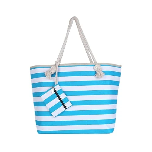 Offre limitée : DonDon Sac de Plage Gros avec Fermeture à glissière 58 x 38 x 18 cm Style marinière à Rayures turquoises et Blanches Beach Bag de 19.53 € à 12.48 € (36% de remise)